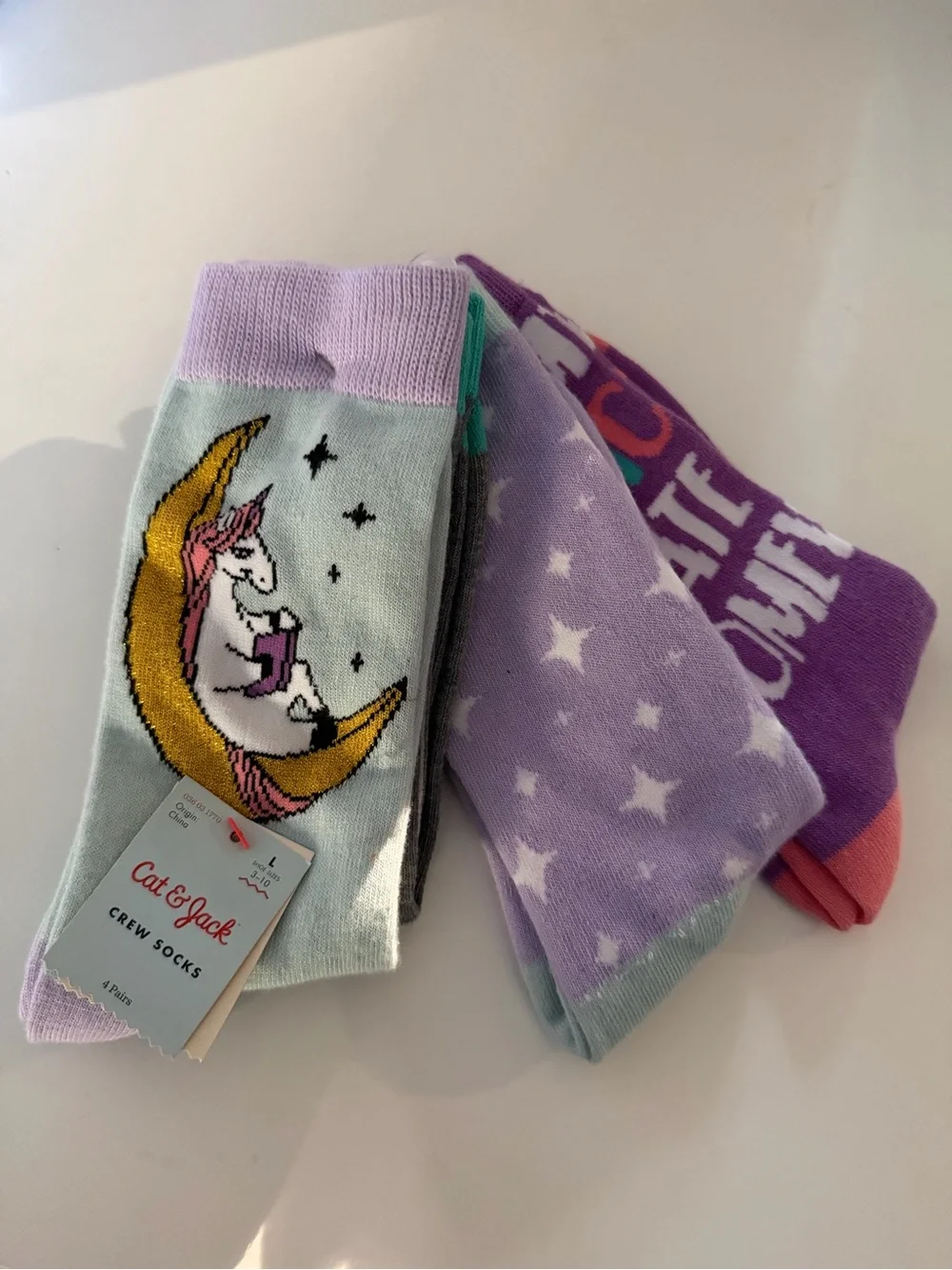 brand new 4-pack Cat & Jack Unicorn on Moon Crew Socks - Purple, Gold, Mint